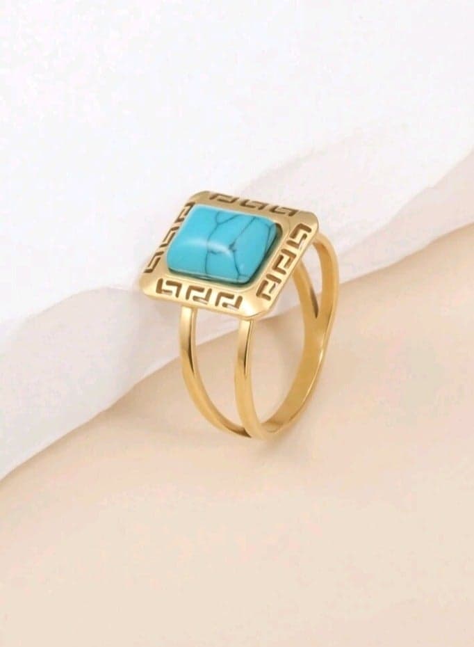 Trendy Stainless Steel Gold Plated Ring For Women Inlaid With Natural Turquoise Stone Size 8
