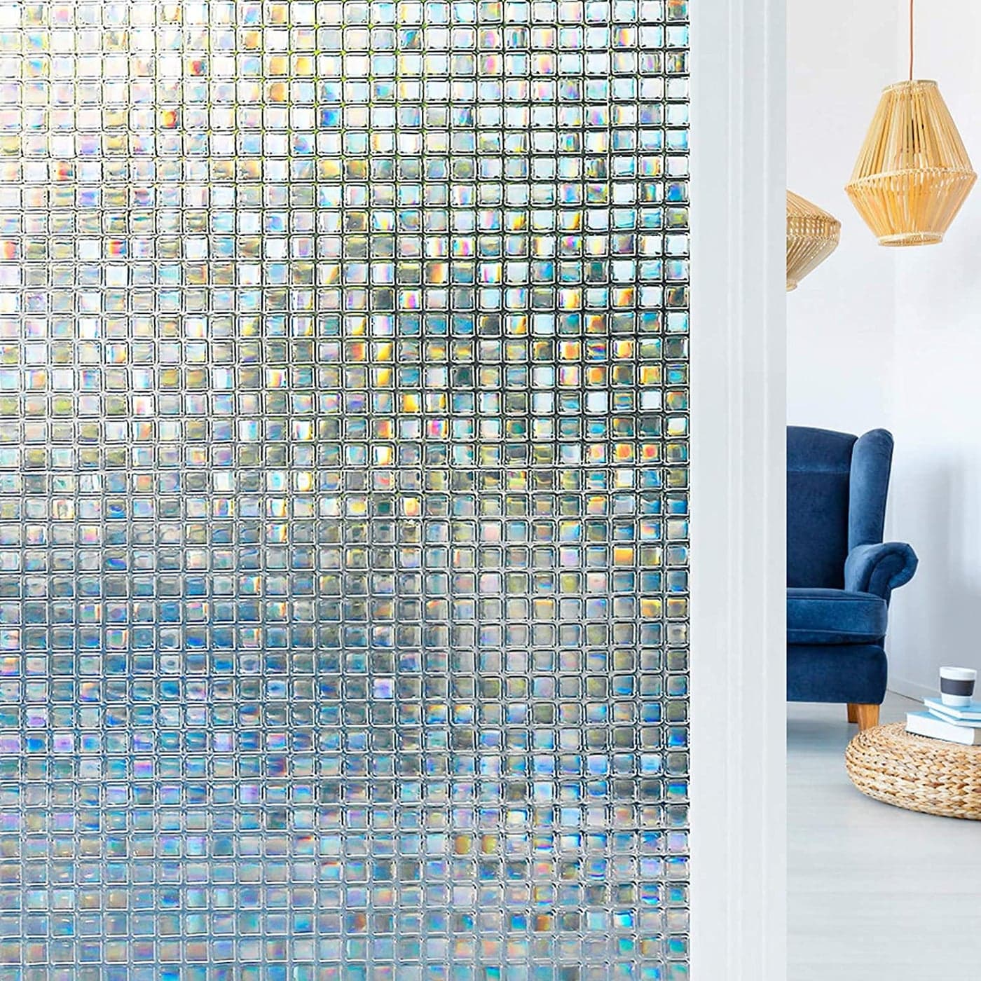 WALLMATE Window Glass Privacy Frosted Film Mosaic Pattern Decorative Window Vinyl Rainbow Shade Self Adhesive Frosted Film 16x48 Inch Mosaic Pattern Frosted