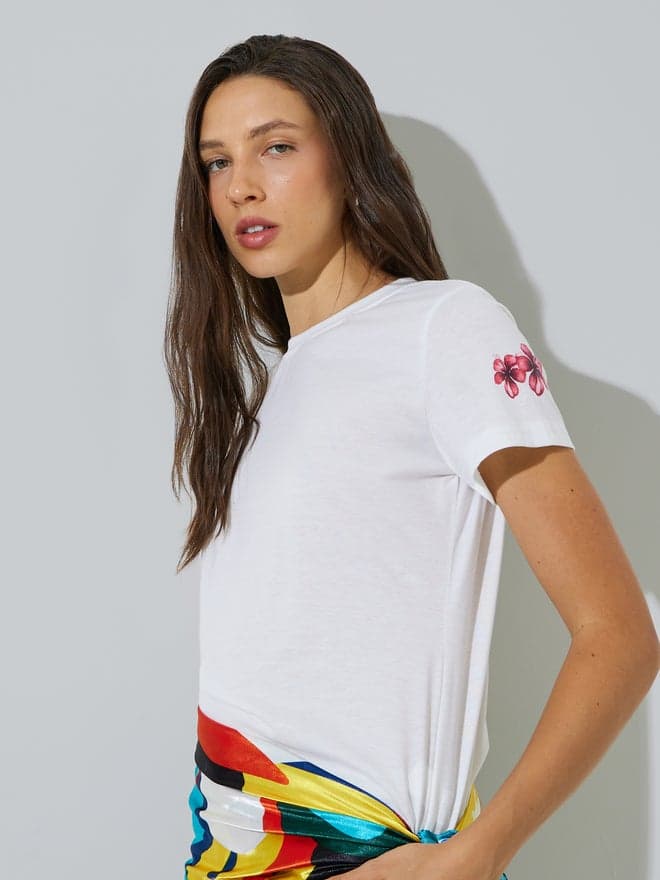 Styli White Regular Fit T-Shirt with Floral Sleeve Detail