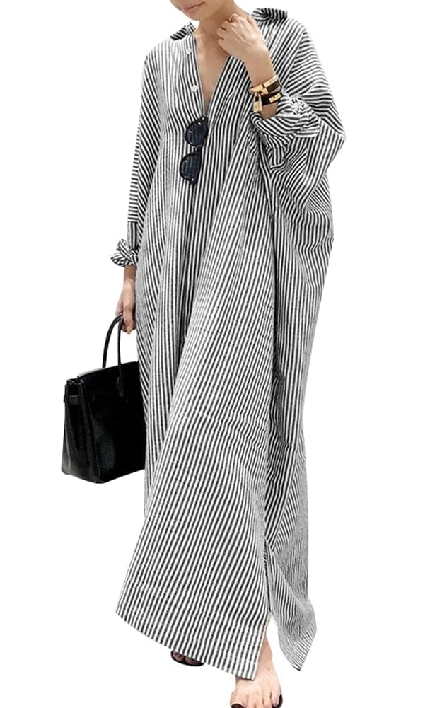 chouyatou Women's Casual Long Sleeve Button Down Loose Striped Cotton Maxi Shirt Dress (2X-Large, Black)
