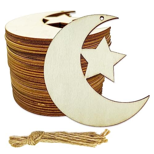 30PCS Unfinished Moon Star Wood DIY Crafts Cutouts Blank Wooden Moon Star Craft Shapes to Turn into Baby Shower Favors Christmas Ornaments Gift Tags and Craft Projects