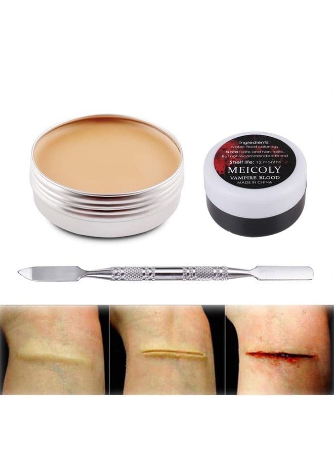 Scar Wax Kit(1.67Oz),Fake Blood Special Effects Scab Coagulated Blood Gel(1.06Oz),Fake Wound Molding Modeling Scar Wax with Spatula,SFX Halloween Stage Makeup Skin Wax,02