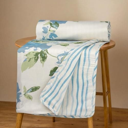HUESLAND 100% Cotton Dohar Single Bed Reversible | Soft Cambric Weave, All Weather Light Comforter AC Blanket | 56 x 89 inches, Floral Fusion - Cream, Carolina Blue & Green