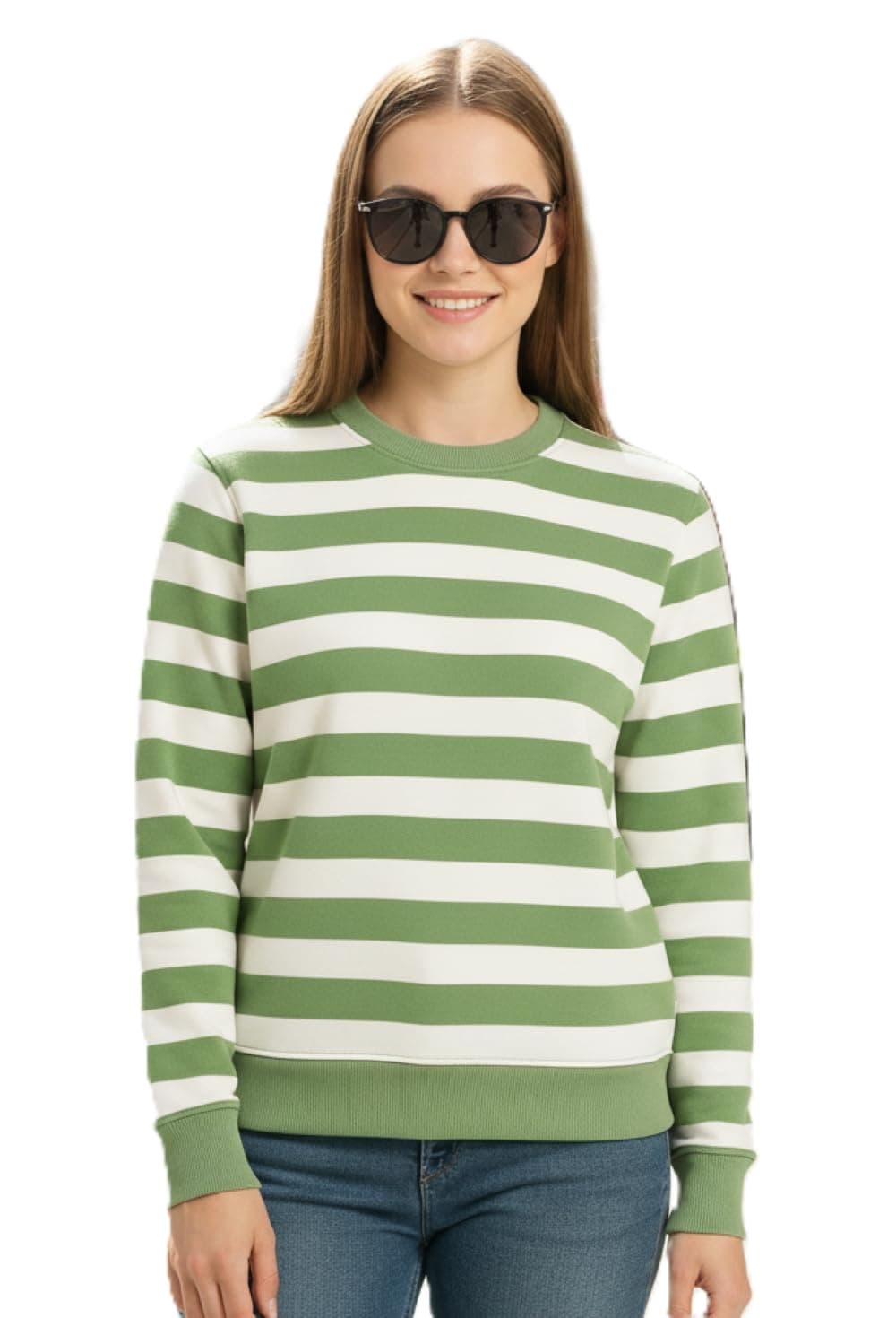 TQH Women Striped Round Neck Sweatshirt (Green)