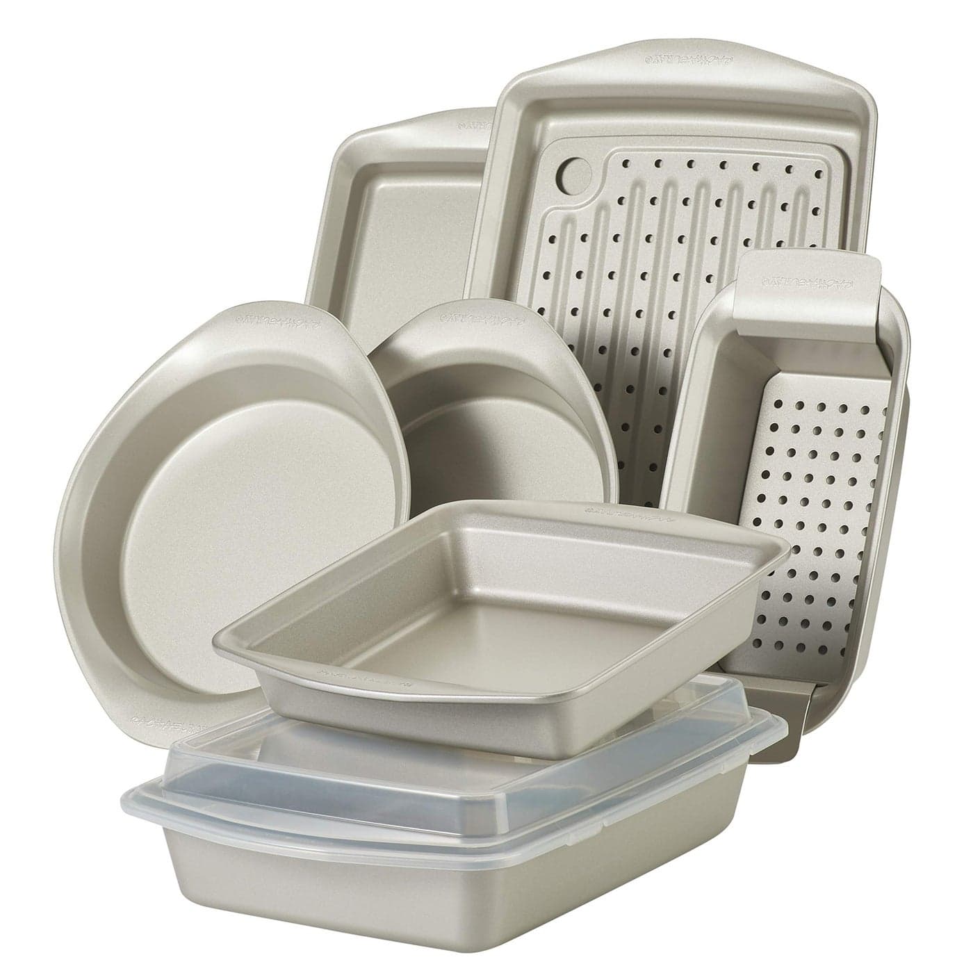 Rachael Ray Nonstick Bakeware Set without Grips includes Nonstick Bread Pan Baking Pans Cake Pans Cookie Sheet Baking Sheet 10 Piece Silver