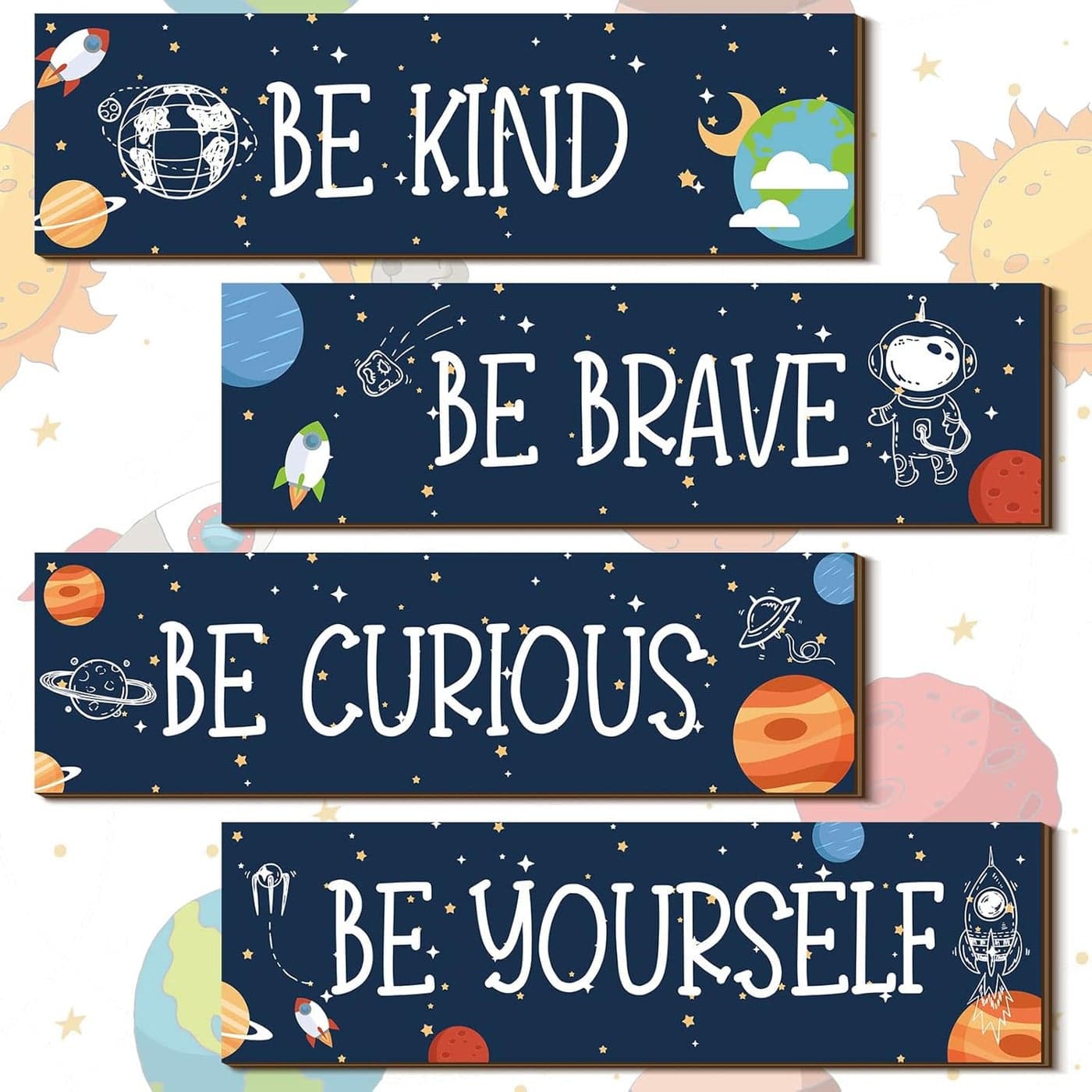 Yookeer 4 Pcs Space Room Decor for Kids Teen Boys Inspirational Outer Space Wall Art Decor Motivational Hanging Galaxy Wood Plaque Sign for Back to School Playroom Nursery Classroom DormBlue
