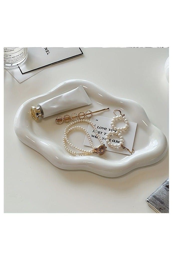 Ceramic Jewelry Tray Trinket Dish, Decorative Cloud Vanity Key Tray for Women, Ring Holder Dish, Cute Jewelry Plate Bowl Room Decor Aesthetic, White