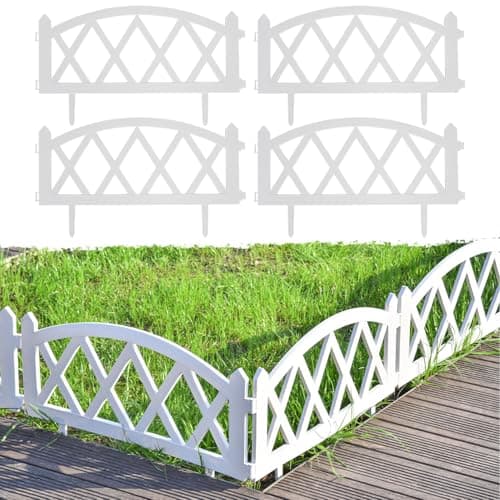 Sungmor Plastic Garden Fence Border Set - Lightweight Decorative Landscape Edging Panels, White Flower Bed Lawn Border - Easy Install for Soft Soil, 4 Pack (Each Piece - 23.6" L,13.8" H with Stake)