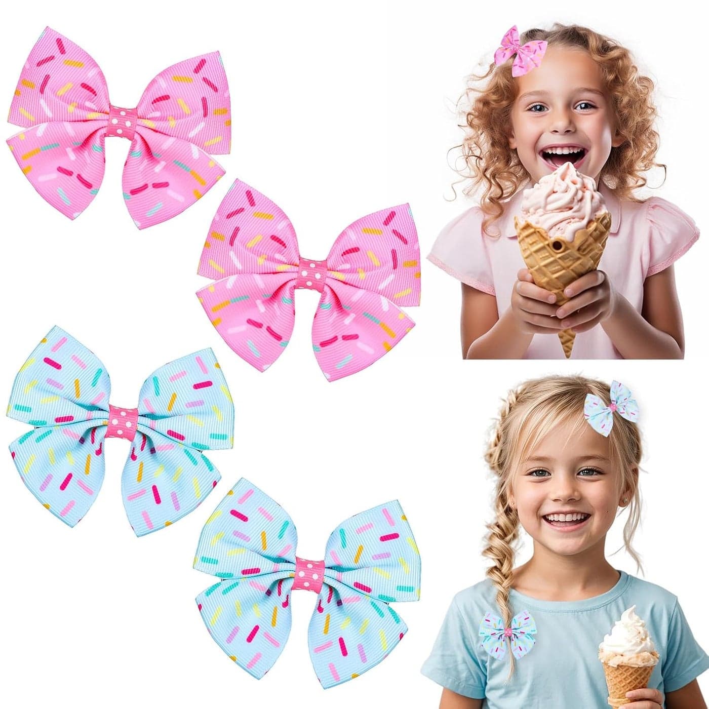 Whaline 4Pcs Ice Cream Sprinkles Bow Hair Clips Cake Donut Sprinkles Pink Cyan Ribbon Hair Bow Barrette Summer Dessert Theme Hairgrips for Women Birthday Party Supplies
