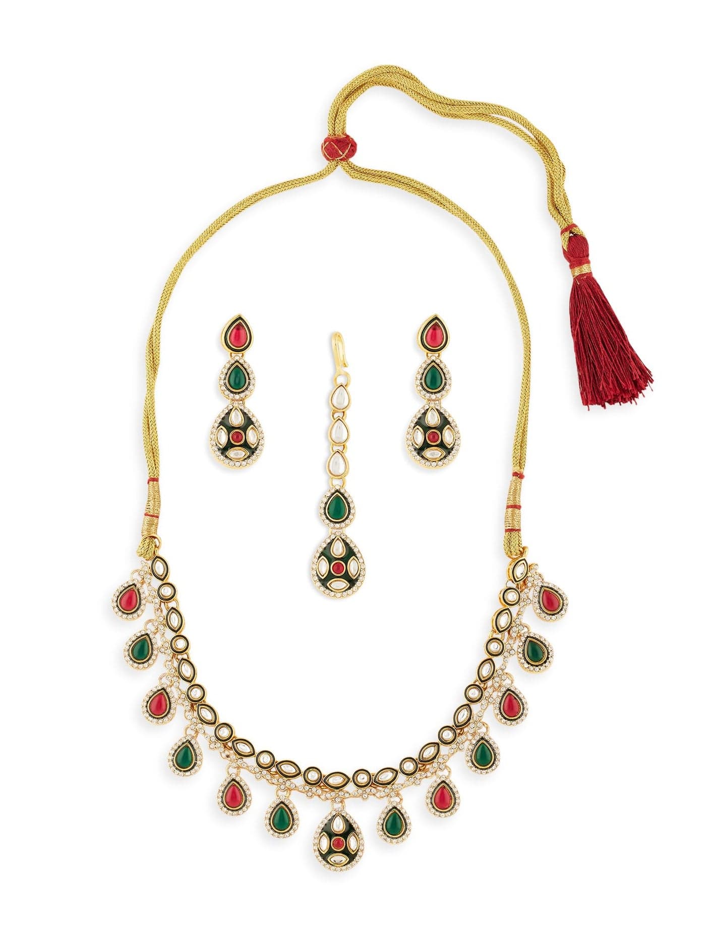 ZAVERI PEARLS Green Pink Dazzling Stones Embellished Meenakari Necklace Earring & Maangtikka Set For Women-ZPFK21656