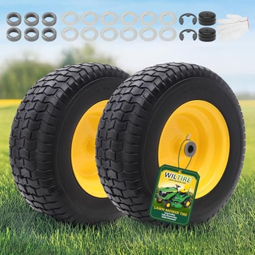 Wiltire 16x6.50-8 Tire and Wheel Assembly (2 Pack), Pre-Installed 3/4" Bushing, 3" Offset Hub, Flat Free Solid Rubber Tire, For Compatible 3/4" Axle Lawn & Garden Equipment (Yellow)