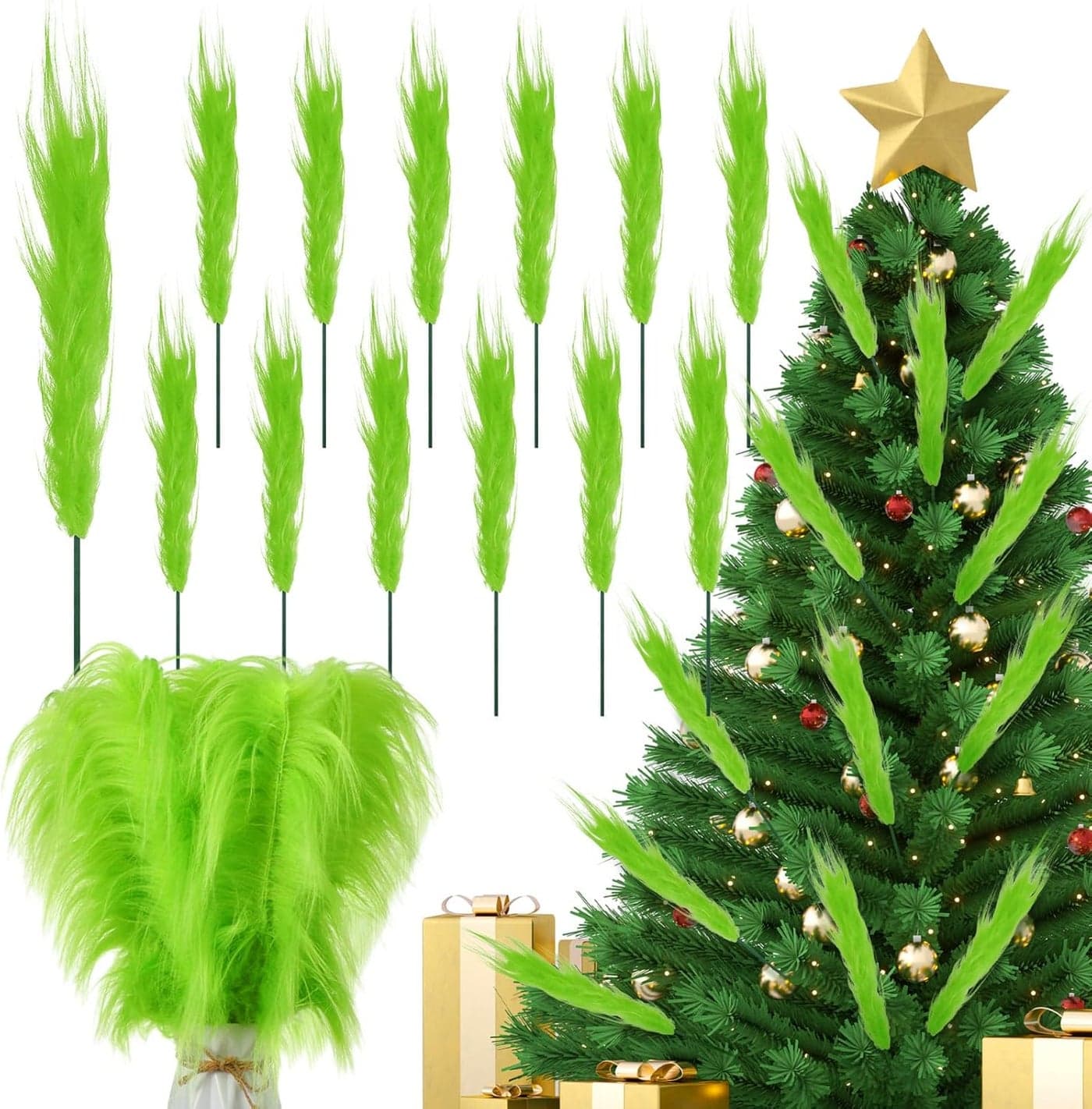 Civaner 12 Pcs Green Christmas Tree Topper 14 Furry Stems Lime Green Curly Picks Stems Christmas Ornaments Picks for Xmas Tree Topper Home Vase Fillers Decorations