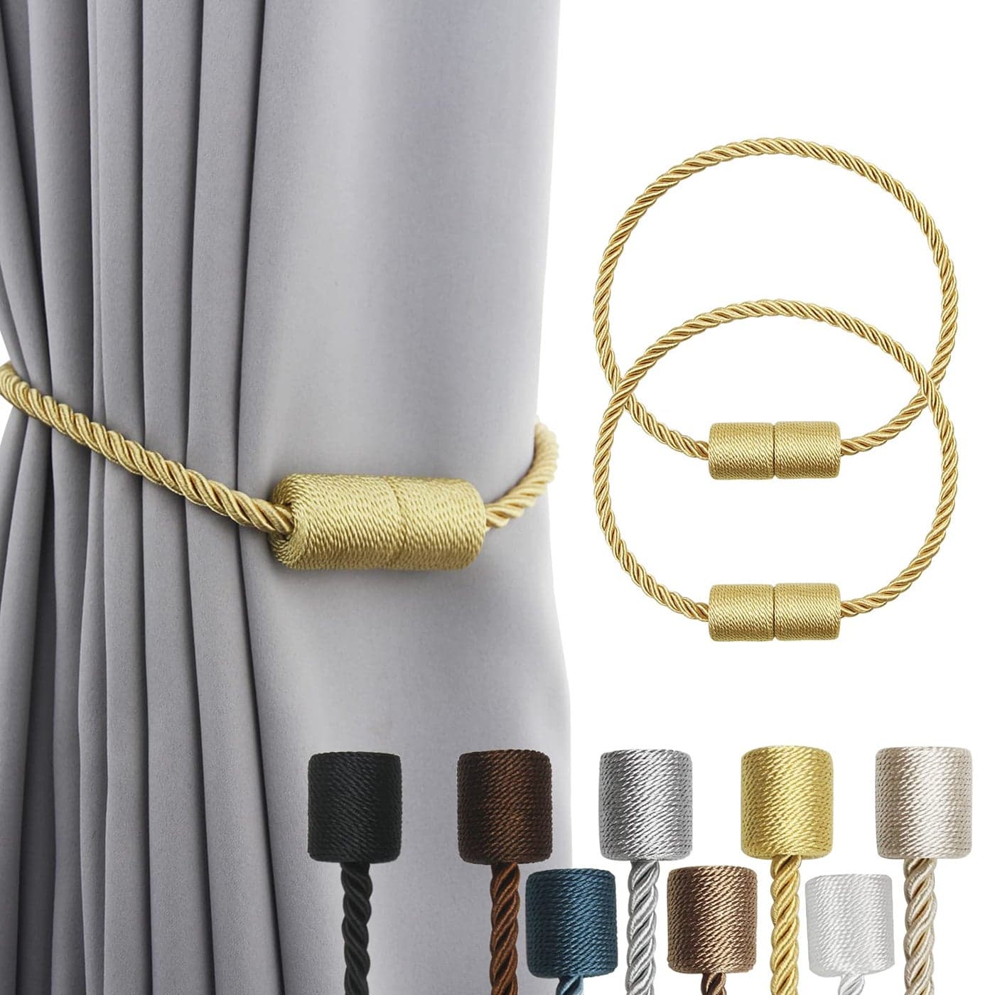 Porlau 2 Pack Strong Magnetic Curtain Tiebacks Outdoor Elegant Decorative Tie Backs Modern Rope Tiebacks for Drapes Window Curtain Holdbacks for Draperies Gold