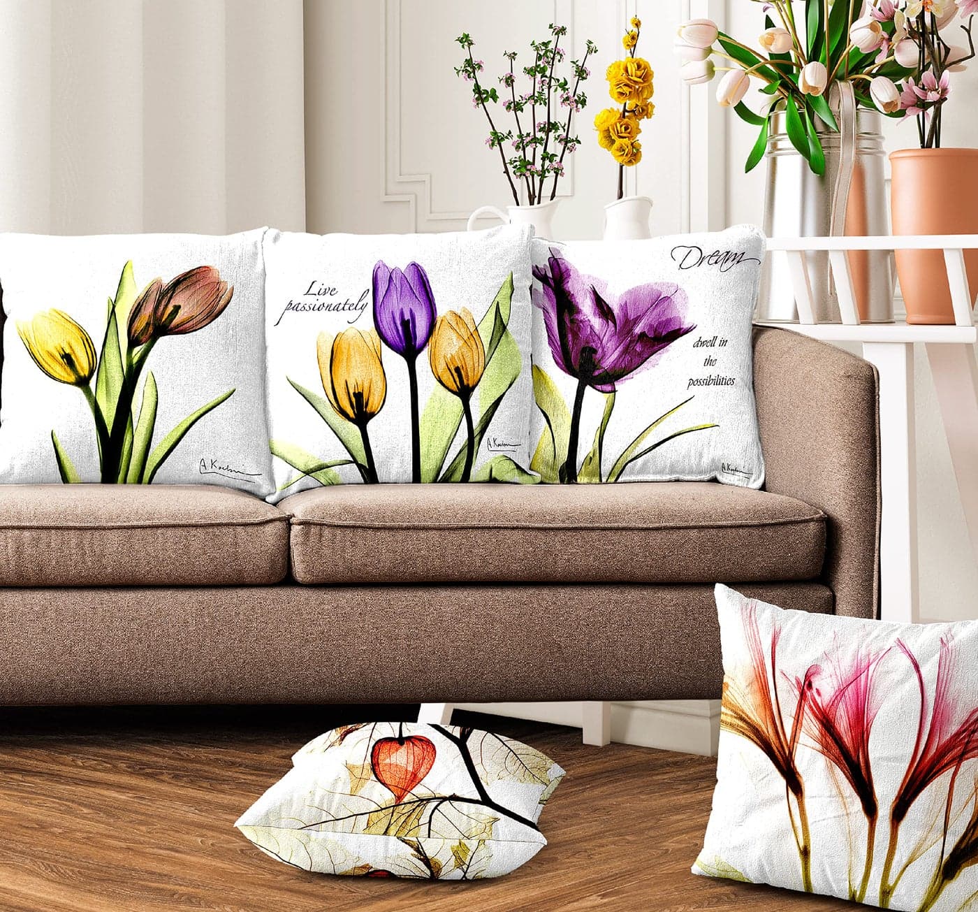 Ultimate Trends Premium Polyester Digital Modern Printed 200 TC Cushion Cover For Living Room Couch Bed Single Sofa Set Of 5 (18 X 18 Inches, Floral White)
