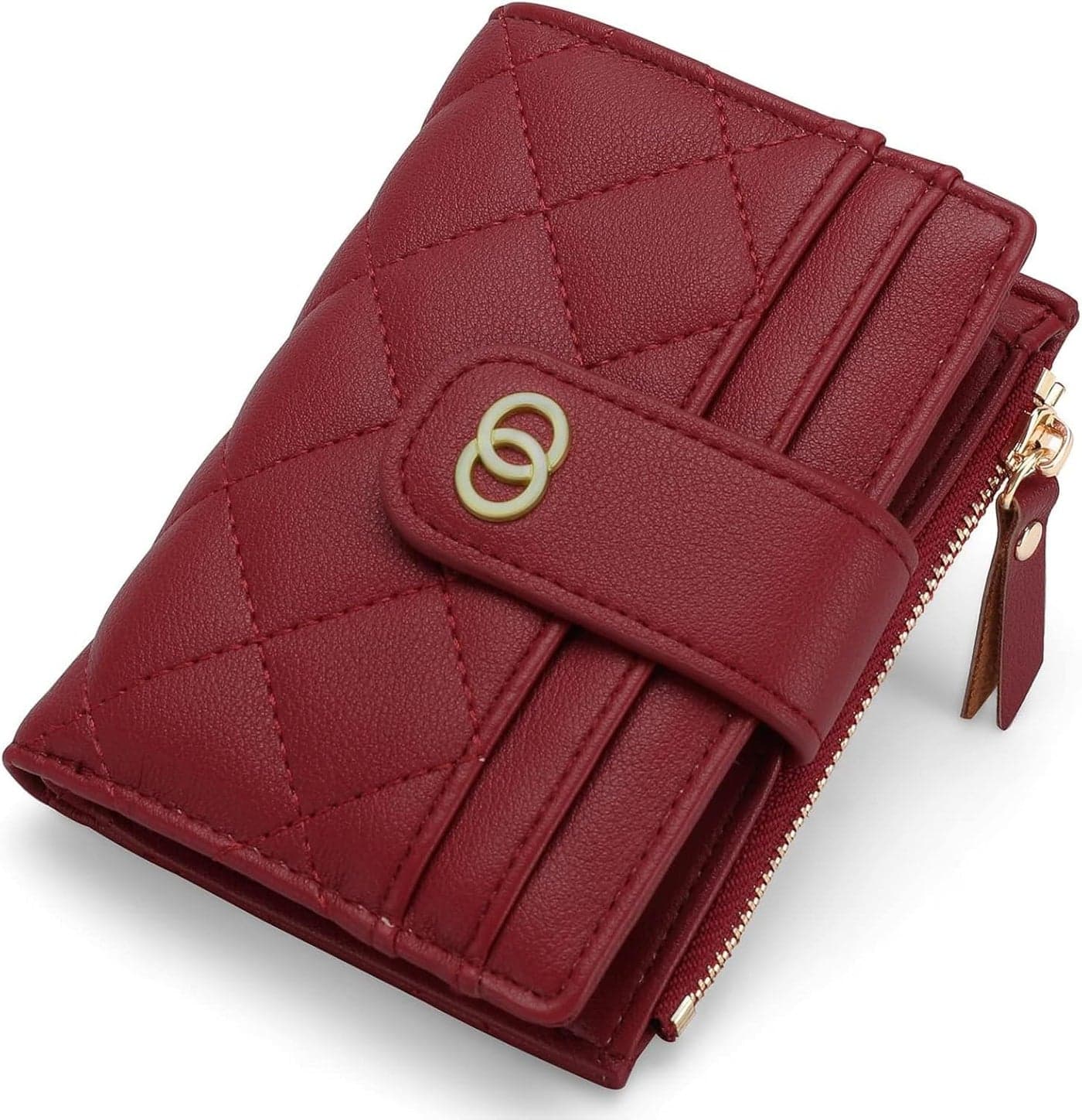 Minimalist Slim Bifold PU Leather Wallet for Women, Small Zipper Coin Purse, 7 Card Slots ID Window Credit Card Holder, Compact Ladies Clutch Purse, Red, 4.92×3.74×0.98 Inches
