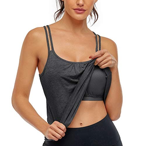 Hibelle Racerback Tank Tops for Women, Workout Tanks with Shelf Bra Strappy Athletic Yoga Running Exercise Gym Shirts Summer Casual Teen Girls Clothes Black Large