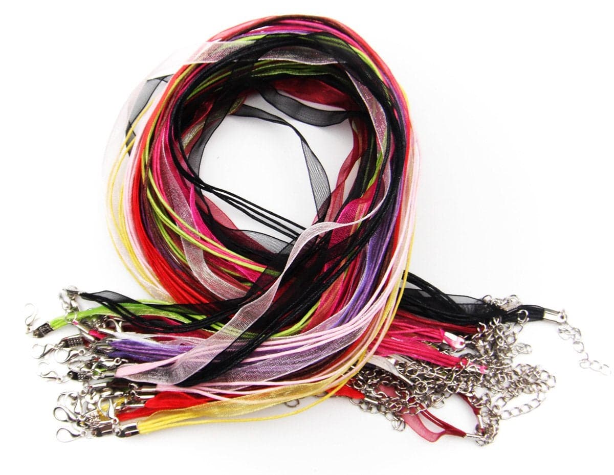 All In One 12 Colors Organza Ribbon Waxen Cord with Lobster Clasp Necklaces 43cm 17inch Mix Color 25pcs