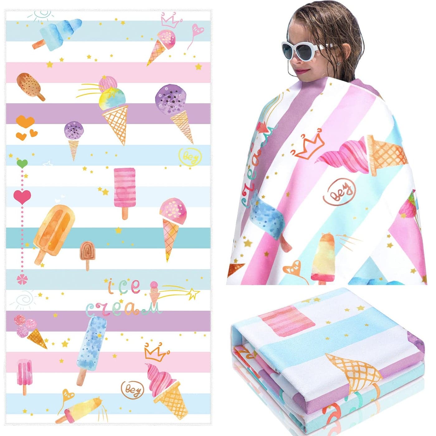 Tondiamo Kids Beach Towels for Girls Watercolor 30 x 60 Ice Cream Pattern Sand Proof Swim Towels for Girls Bath Quick Dry Sand Proof Beach Blanket for Travel Sports Swim Ice Cream Birthday Party Gift