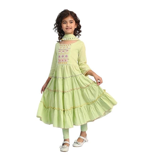 BIBA Girls Green Cotton Tiered Solid Suit Set_4-5Y