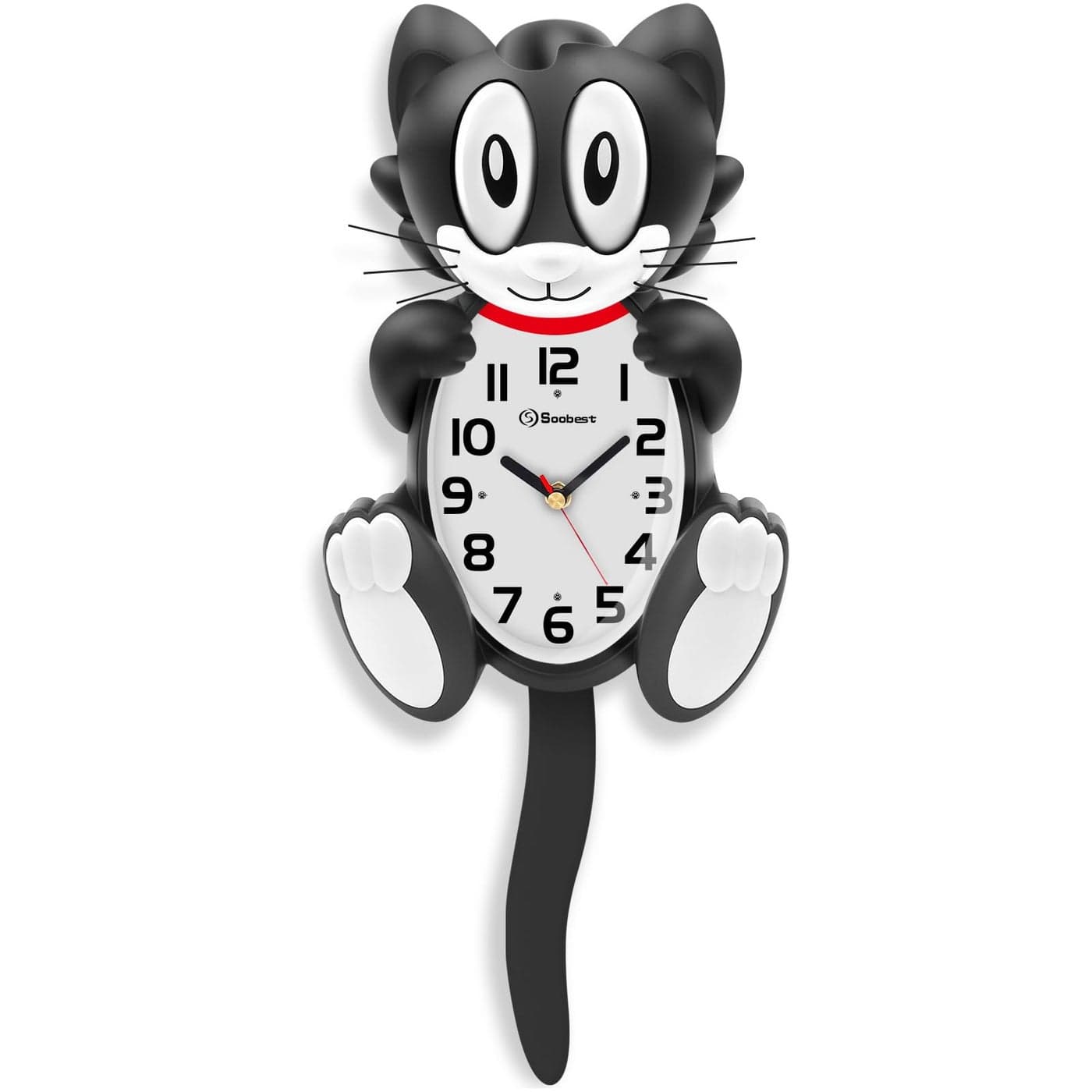 Soobest 18 Inch 3D Large Cat Wall Clock Battery Operated Silent Non Ticking with Moving Eyes and Pendulum Tail Retro Kids Analog Wall Clock for Gift Decor Black
