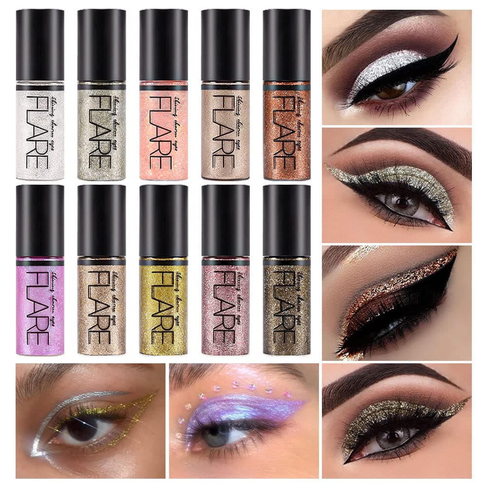 10Pcs Colorful Liquid Glitter Eyeshadow Eyeliner Sticks Kit Korean Shimmer Metallic Eye Makeup QuickDrying Waterproof Vegan CrueltyFree Silver Brown Pink Gold Sparkle sombras de ojos