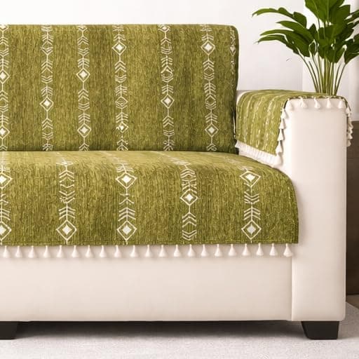 STITCHNEST Chenille Printed Sofa Cover 3 Seater with 2 Hand Rest Covers – Washable Green Sofa Cover with Tassels – Durable Premium Fabric – Stylish Sofa Protector for Living Room & Furniture Decor