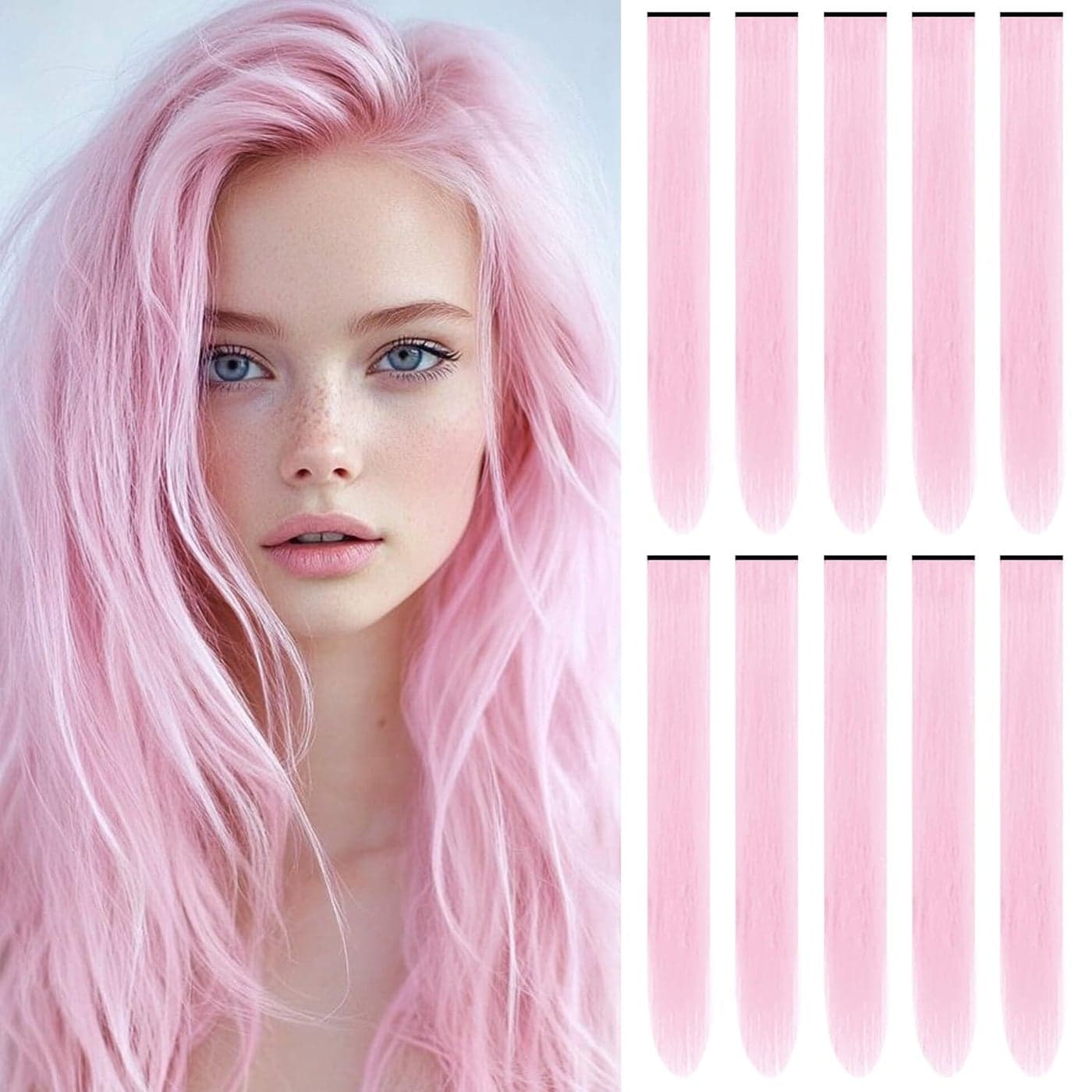 TOFAFA 22 Inch Colored Hair Extensions Multicolors Party Highlights Clip in Synthetic Hair Extensions for Girls Women Kids Favor Gift10 PCS Light Pink