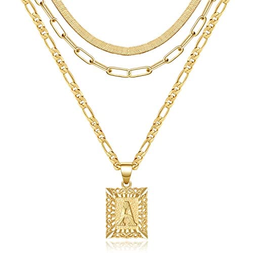 KissYan Gold Layered Initial Necklace Set for Womens, 14K Gold Plated Letter A Pendant Necklaces Paperclip Snake Choker Alphabets from A-Z Figaro Chain Jewelry Gift