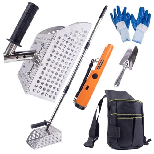 WodGod Sand Scoop for Metal Detecting, Heavy Duty Stainless Steel Sand Scoop with Long Handle,Includes 1 Metal Detector Pinpointer,1 Shovel,1 Carry Bag,One Pair of Gloves