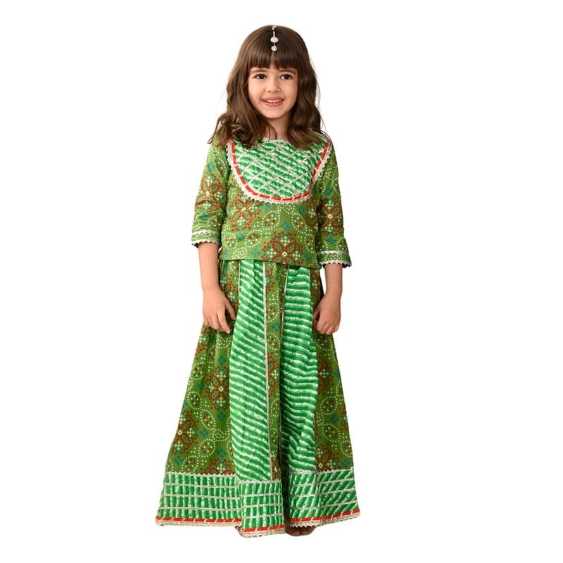 superminis Girls Cotton Sliver Yoke 3/4 Sleeves Ethnic Printed Choli With Kali Style Lehenga Set (6-12 Months, Green) | Finish Type: Readymade