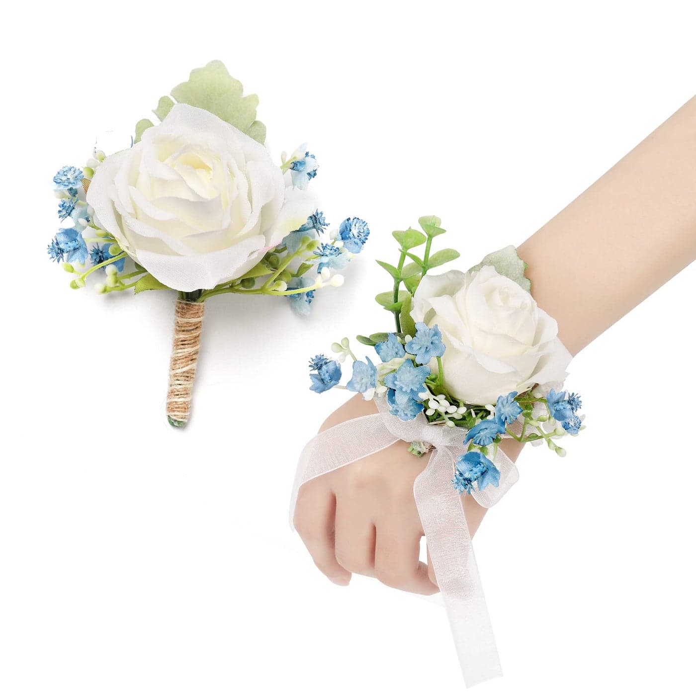 YSUCAU White Blue Rose Boutonnieres for Men Wedding Babys Breath Boutonniere for Best Men Groom Groomsmen Wedding Prom Set of 6