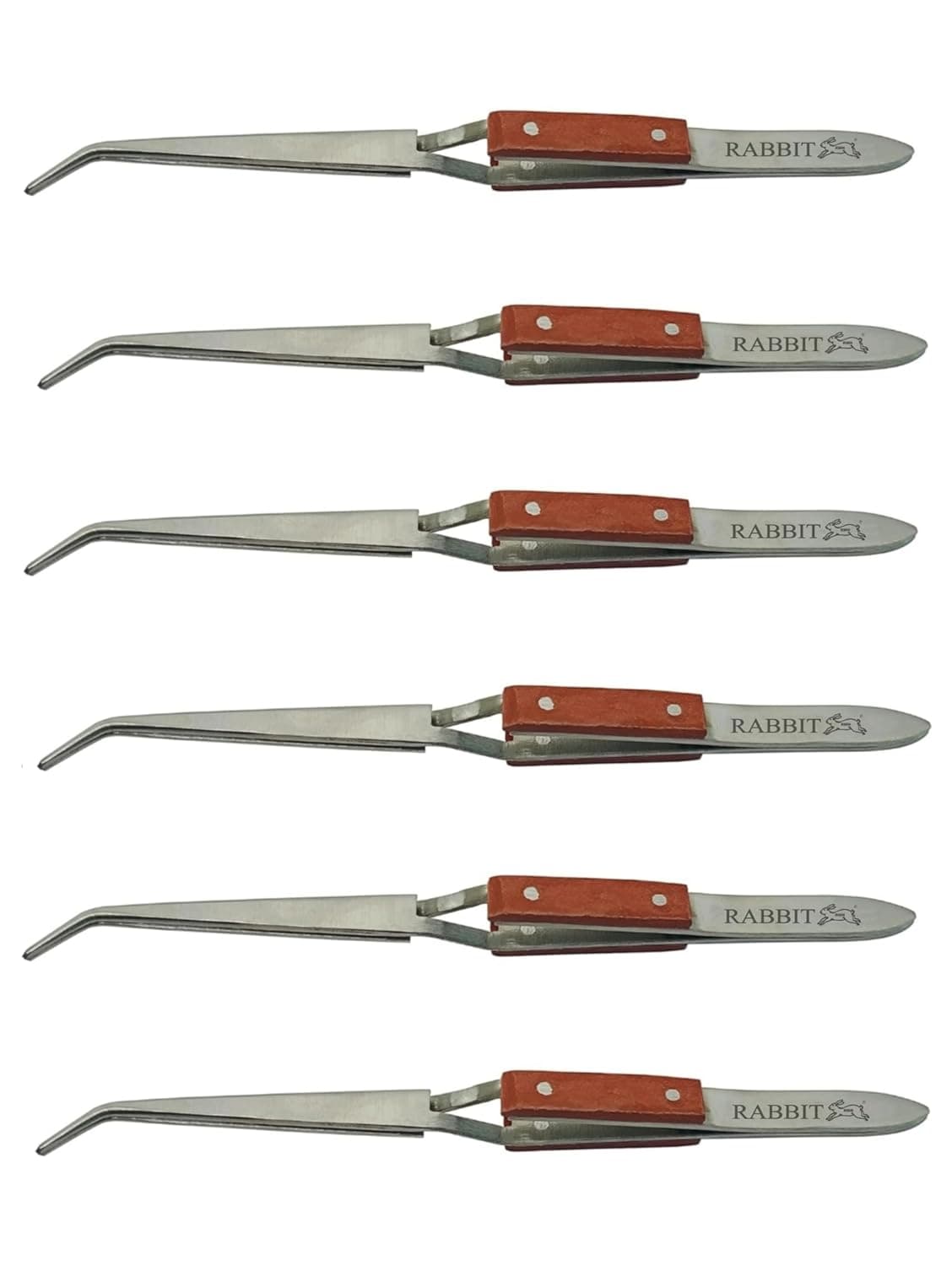 RABBIT Cross Lock Soldering Tweezers with Fiber Grip Wooden Handle Precision PickUp Tool Easy Grip Tweezers Jewellery Soldering Tweezer 45Degree Bent Pack of 6pcs