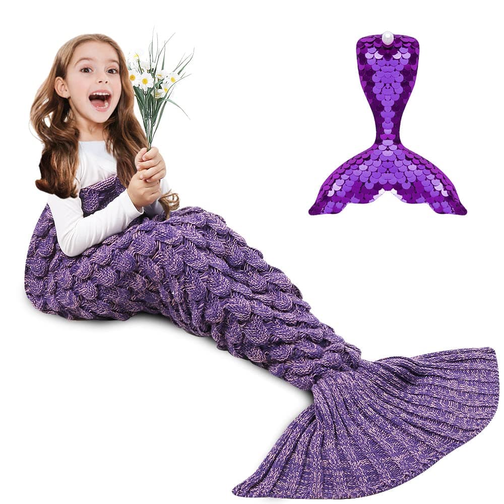 AmyHomie Mermaid Tail Blanket Kids Soft Blanket Crochet Mermaid Sleeping Bag Mermaid Gift for GirlsFish Scales Purple Kids
