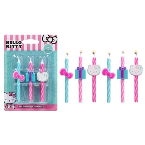 Hello Kitty® Birthday Cake Candles | 6 Birthday Candles for Cake Decorations, Pink & Blue Striped Candles, Cupcake Toppers for Hello Kitty® Party