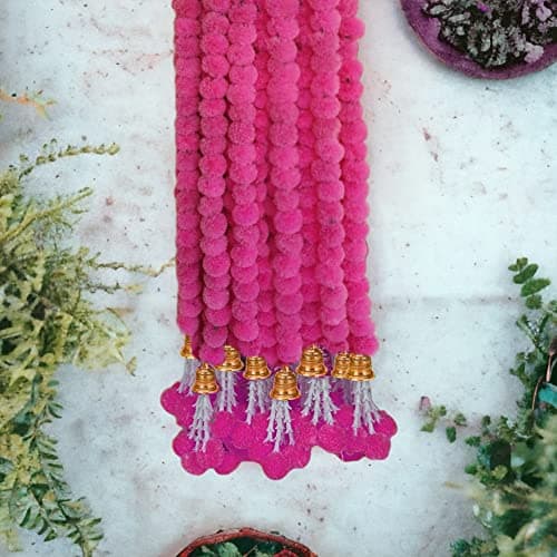 ABHAAS Handmade Artificial Marigold Flowers for Decoration Long Flower Garlands for Door Decoration Toran Genda Phool for Wedding/Festivals with Bells (5Ft /Pink/Set of 5)