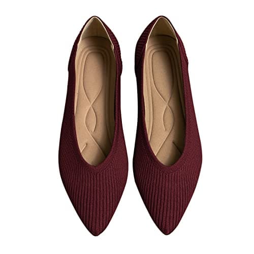 TINGRISE Women's Flats Shoes Pointed Toe Knit Ballet Comfortable Dressy Slip On Flat Red US9