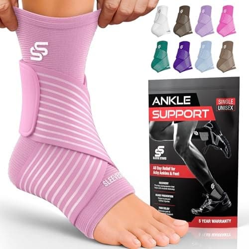 Sleeve Stars Ankle Brace for Women & Men, Ankle Wrap for Sprained Ankle, Compression Sleeve for Plantar Fasciitis Relief, Easy Customizable Support: w/ Removable Strap (Single/M:10"-12"/Baby Pink)