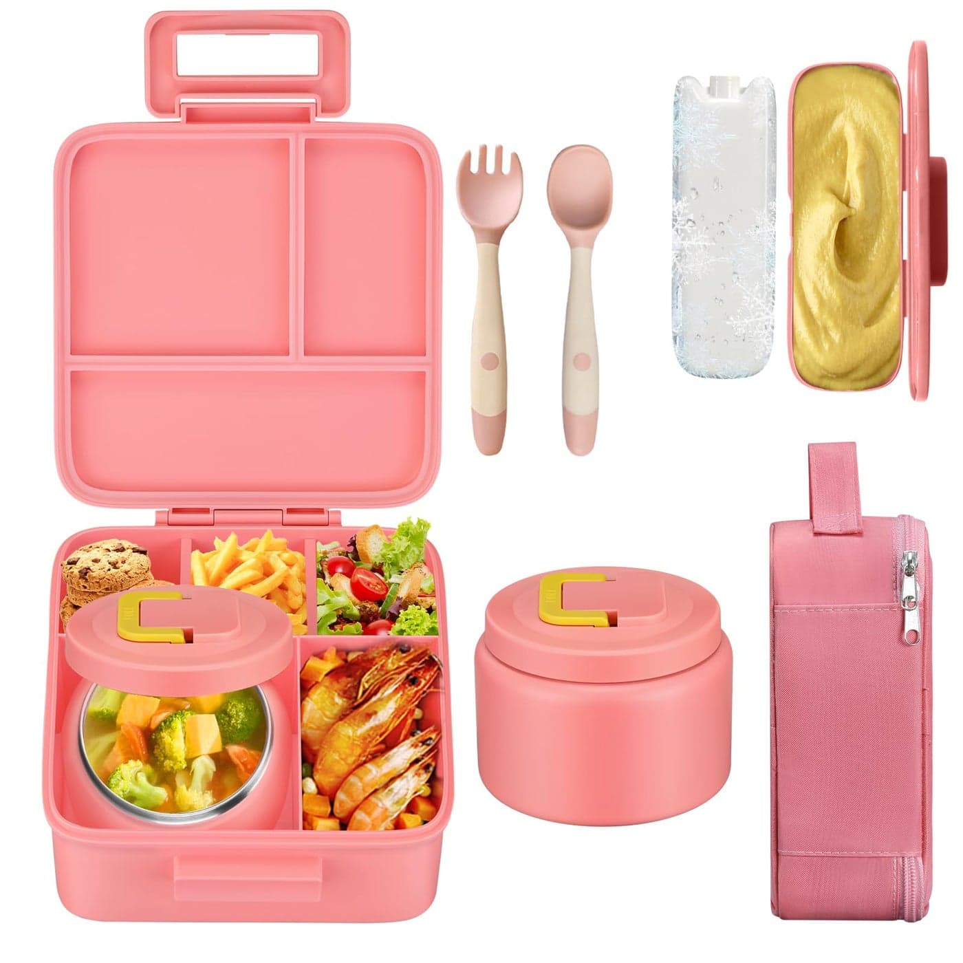 MAISON HUIS Kids Bento Lunch Box Set With 8oz Soup Thermo Leakproof Lunch Containers with 5 Compartment Thermo Hot Food Jar and Insulated Lunch Bag BPA FreeTravel School Pink Mermaid