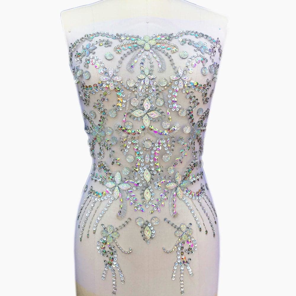 Noble Pure Handmade Big Beaded Crystal AB Color Patches Sew on Rhinestones with Stones Sequins Beads Bridal Applique Designs Patches Sewing for DIY Wedding Dress Trim 38x56cm AB