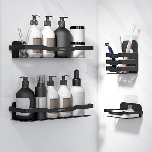 Plantex Self Adhesive Bathroom Shelf/Stainless Steel Shelf/Soap Holder for Kitchen/Tumbler Holder/Bathroom Organiser Without Drill - (12 x 4 Inch,Black, Combo)