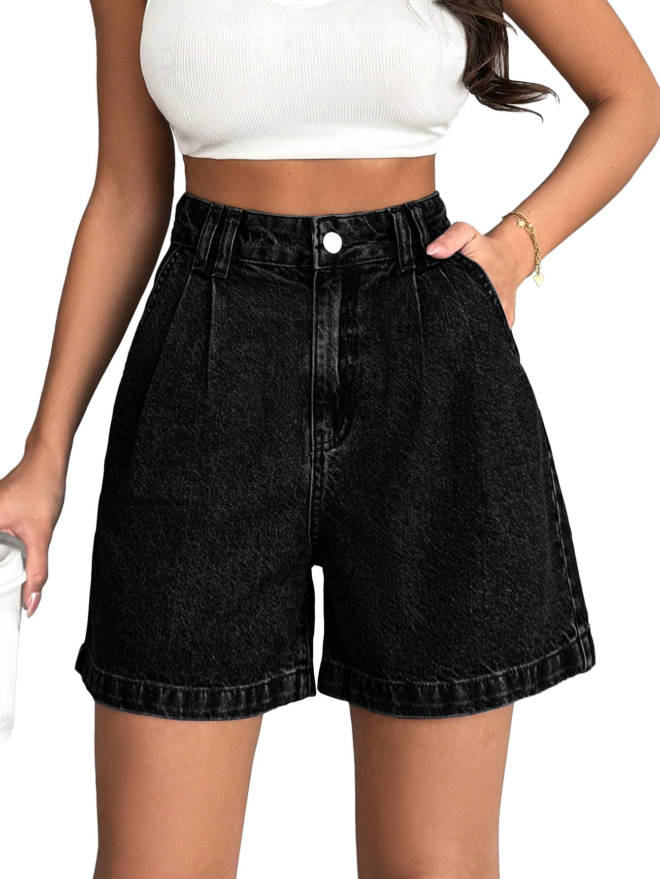 Shasmi Girl's & Women's Black High Waisted Denim Shorts, 2025 Fashion Vintage Wash, Straight Cut (Short 234 Black-M)