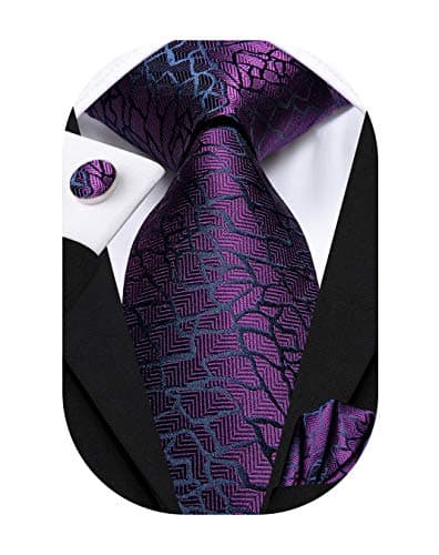 Hi-Tie Men Ties Sets Silk Stripe Paisley Necktie Pocket Square Cufflinks for Business Wedding,A Purple