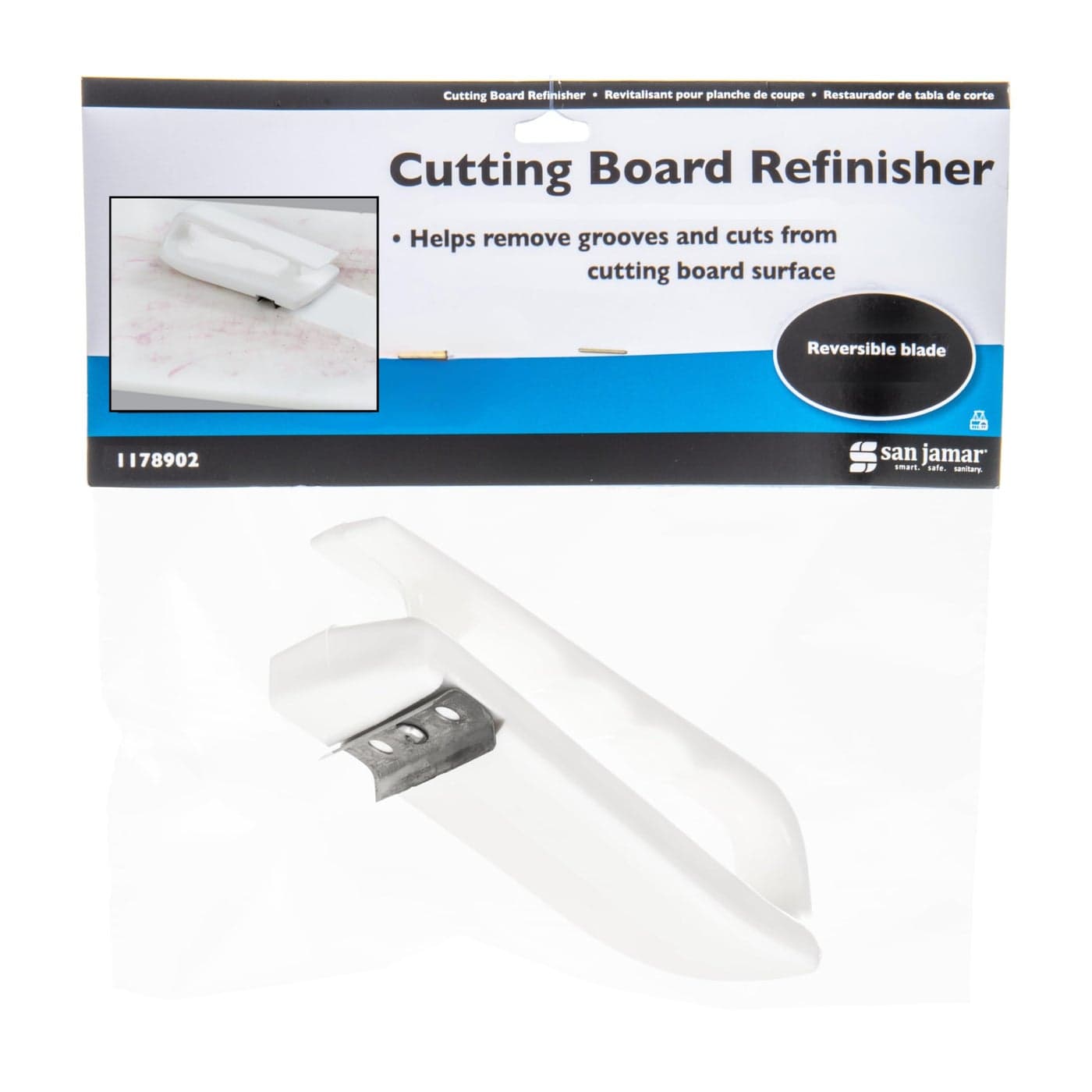 San Jamar Cutting Board Refinisher Cutting Board Scraper with Grooved Handle for Kitchen and Restaurants, Plastic, 6.5 x 2.5 Inches, White
