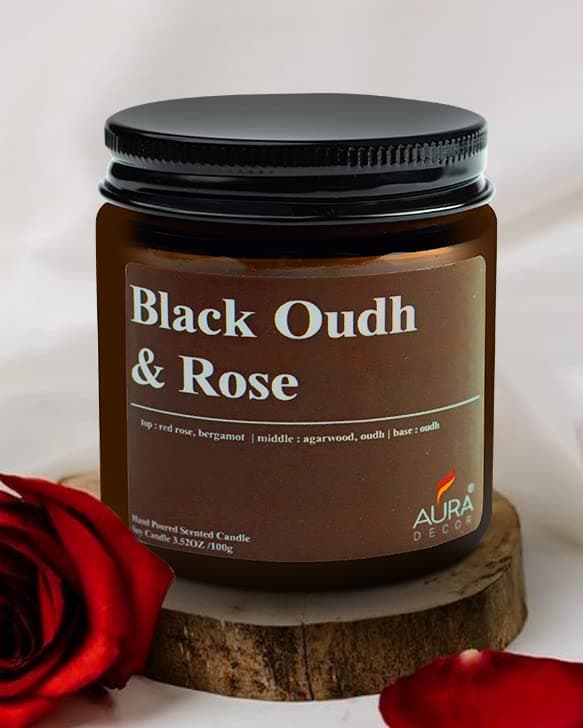 AuraDecor Scented Jar Candle | Handpoured Soy Wax Candle with Long Lasting Burn Time | Premium Amber Jar Aromatherapy Candle | Ideal Gift for Home & Décor (Large, Black Oudh & Rose)