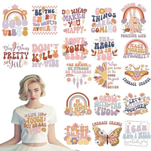 Dazoratix Boho Motivational Iron on Transfers 20 Sheets Inspirational DTF Ready to Press Heat Patches Stickers Mental Health Vinyl Design Decals for Women T Shirts Clothes Bag DIY Crafts Decorations