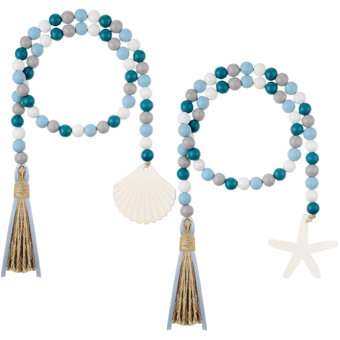 2 Pcs Farmhouse Seashell Bead Garland with Tassels Decorative Beads Decor Nautical Farmhouse Tiered Tray Decorations Set Coastal Garland for Home and Kitchen Wooden Beads