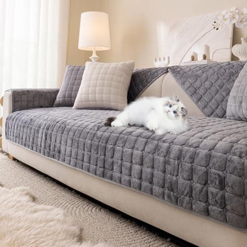 XSlive Flannel Fuzzy Couch Cover for Dogs Washable, Non Slip Sectional Sofa Cover, Pet Couch Covers for 3 Cushion Sofa L Shaped Armrest Backrest, Furniture Protector for Pets Kids (Mid Grey,28"x28")