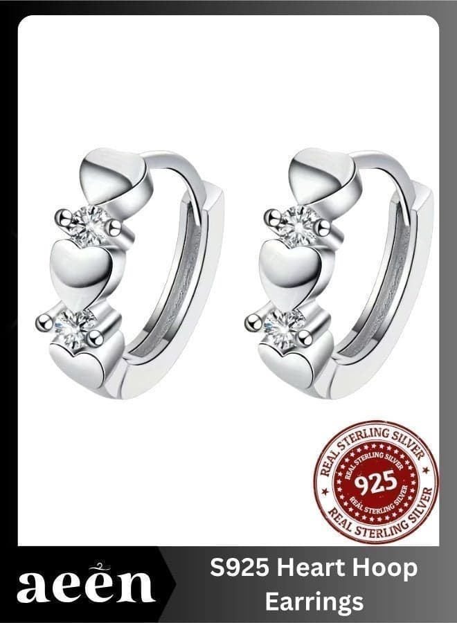 S925 Sterling Silver Heart Hoop Earrings – Romantic Bohemian Design with Sparkling Zircon Stones, Perfect Valentine’s Day Gift