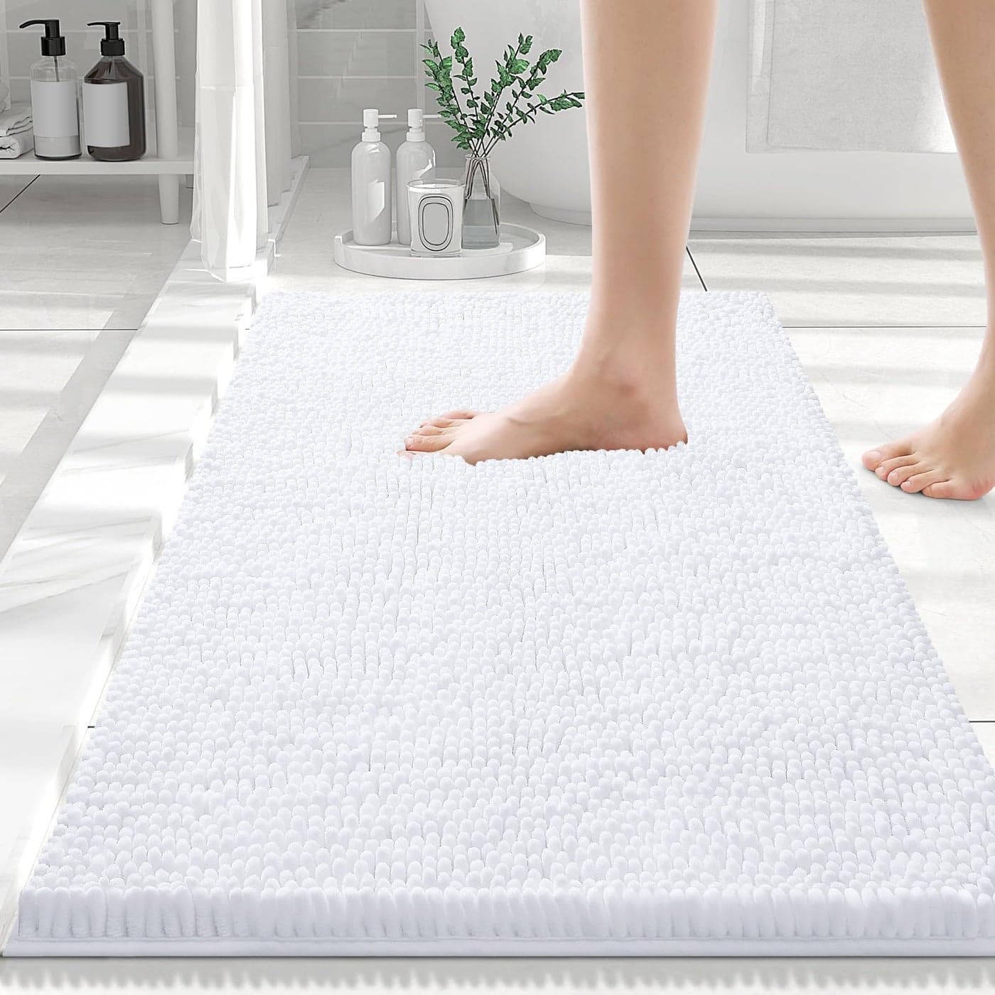 Smiry Luxury Chenille Bathroom Rugs 30x20 Extra Soft and Absorbent Shaggy Bath Mat Machine Washable NonSlip Plush Carpet Runner for Tub Shower and Floor Home Decor Accessories White
