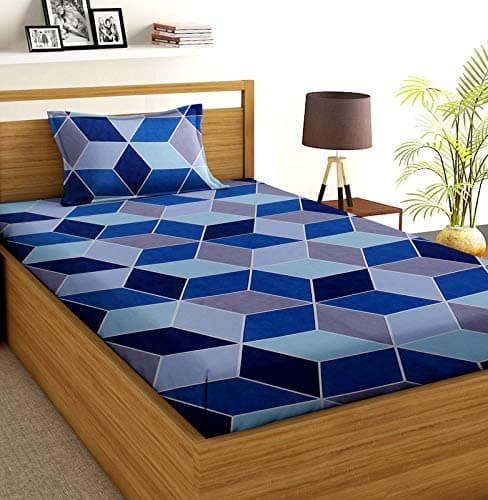 SpangleHomes 100% Soft Glace Cotton Queen Size Elastic Fitted Bedsheet with 2 Large Pillow Covers (Design- Blue Rectangle, Elastic Single)